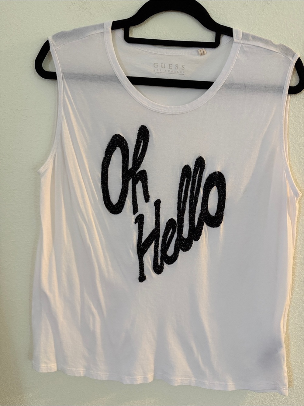 Guess White Sleeveless Tee with Black Beaded 'Ok Hello' Script